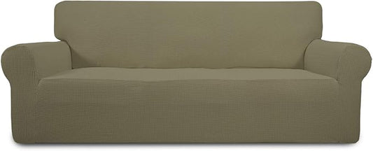 Easy-Going Stretch Sofa Slipcover 1-Piece Sofa Cover Furniture Protector Couch Soft with Elastic Bottom for Kids, Polyester Spandex Jacquard Fabric Small Checks (Sofa, Khaki)