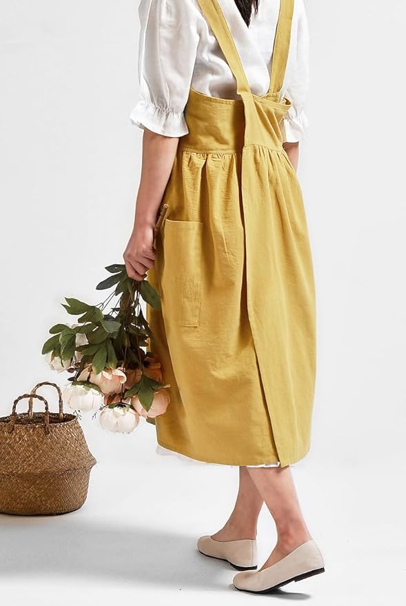 Cotton and linen Kitchen Cooking Aprons Dress for Women with Pockets Cute for Baking Painting Gardening Cleaning