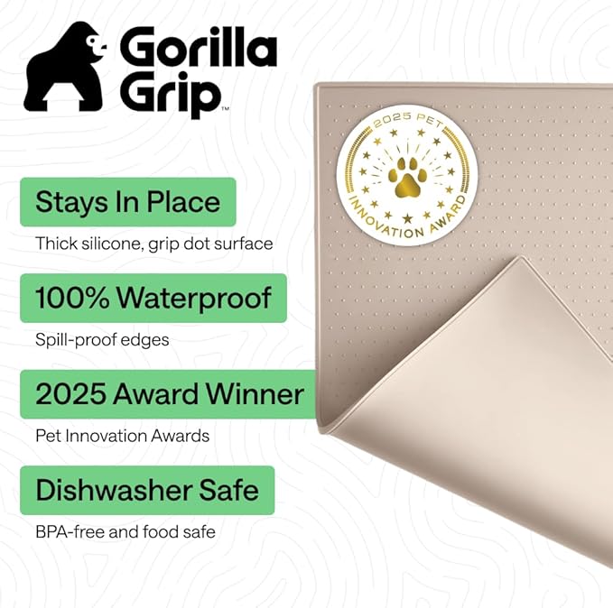 GORILLA GRIP 100% Waterproof Raised Edge BPA Free Silicone Pet Feeding Mat, Dog Cat Food Mats Contain Spills Protects Floors, Placemats for Cats and Dogs Water Bowl, Pets Accessories 32x24 Cream