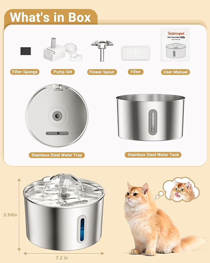 FetchMart Stainless Steel Cat & Dog Water Fountain — 74oz/2.2L | Ultra Silent, 3-Stage Filter