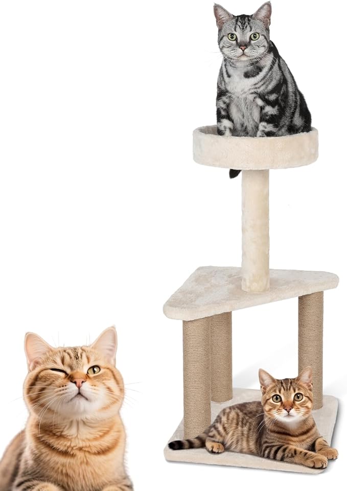 Simple Deluxe Cat Tree Tower with Sisal Covered Scratching Post, 31.8 Inches 3 Layers Cat Tower with Plush Perches for Indoor Cats, Beige