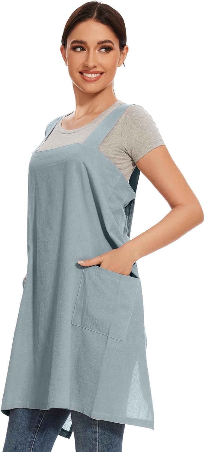 Women Apron with 2 Pockets Cotton Linen Kitchen Baking Cooking Chef Cross Back Pinafore Dress