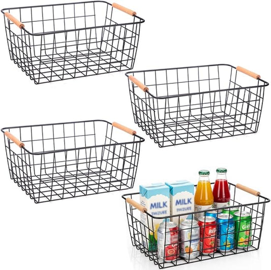 4 Pack Metal Wire Food Storage Basket Organizer with Wooden Handles for Organizing Kitchen Cabinets Black