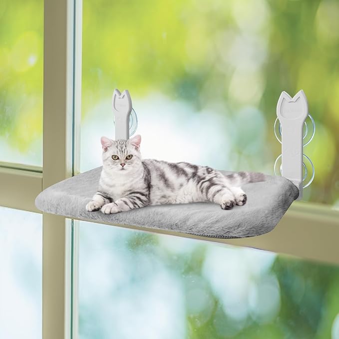 2 Pack Cat Window Perch,Cat Window Hammock Cordless Foldable Window Bed with 4 Large Strong Suction Cup,Reversible Cushion Cover,Metal Frame Easy to Adjust Window Supports 40lb(Gray,L)