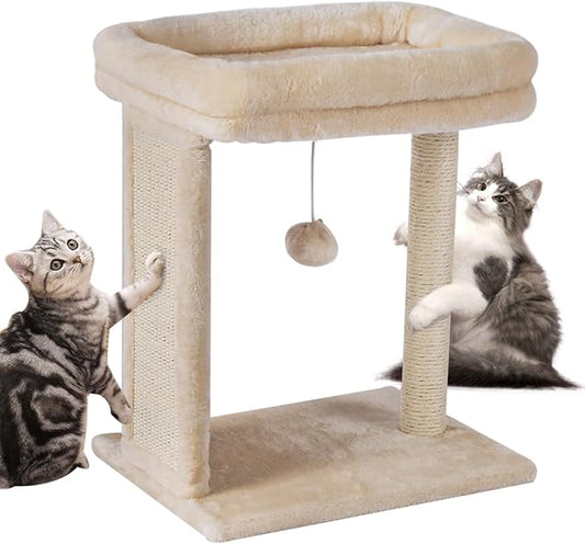SYANDLVY Small Cat Tree for Indoor Cats, Scratching Board with Perch, Scratching Post for Small Cats, Kittens Scratcher with 2 Dangling Balls, Beige