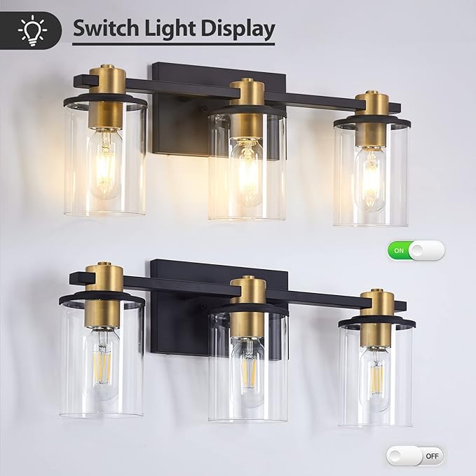 stambord 3 Light Bathroom Vanity Light, Black and Gold Light Fixtures, Sconces Wall Lighting with Glass Shade, Modern Brushed Vanity Lights for Bedroom, Hallway