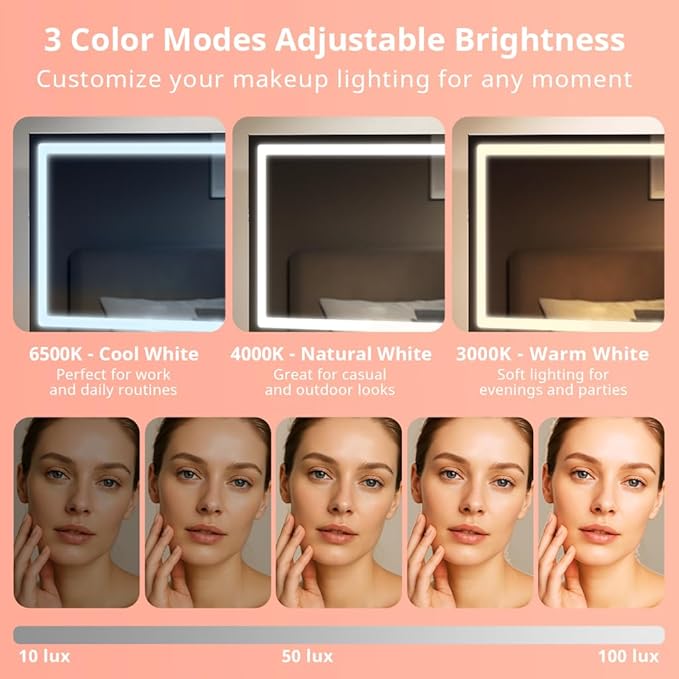 COMHOMA Vanity Desk with Large Mirror,LED and Power Outlet,Makeup Table with 9 Storage Drawersand HD Mirrors,3 Color Modes Adjustable Lighting for Bedroom Dressing Room (White, 47inch)