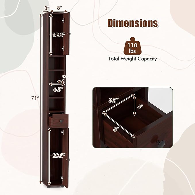 Giantex Slim Bathroom Storage Cabinet - 71” Tall Narrow Floor Cabinet Cupboard with 2 Doors, 5 Adjustable Shelves, 1 Drawer, Anti-Tipping Device, 2 Pack Thin Linen Tower Cabinet, Reddish Brown
