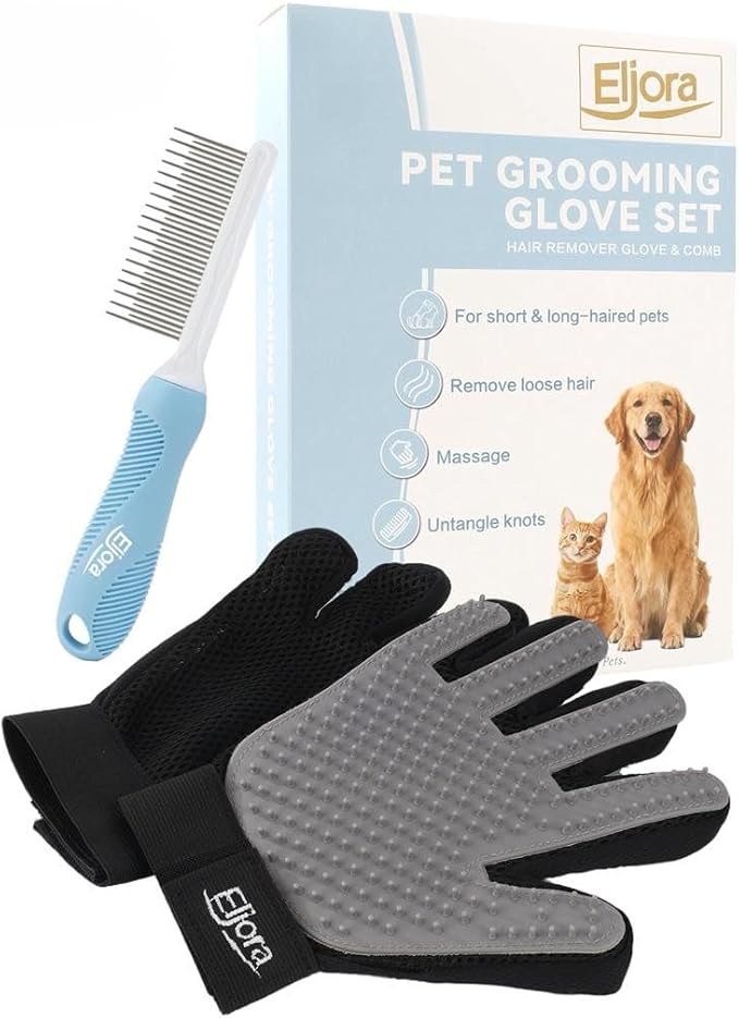 Pet Grooming Glove & Dematting Comb Set – Anti-Slip Handle Deshedding Comb+ Gentle Massage Glove (Pair) for Dogs & Cats – Removes Loose Hair, Mats & Tangles – Safe, Effective Grooming