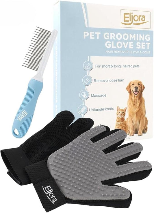 Pet Grooming Glove & Dematting Comb Set – Anti-Slip Handle Deshedding Comb+ Gentle Massage Glove (Pair) for Dogs & Cats – Removes Loose Hair, Mats & Tangles – Safe, Effective Grooming