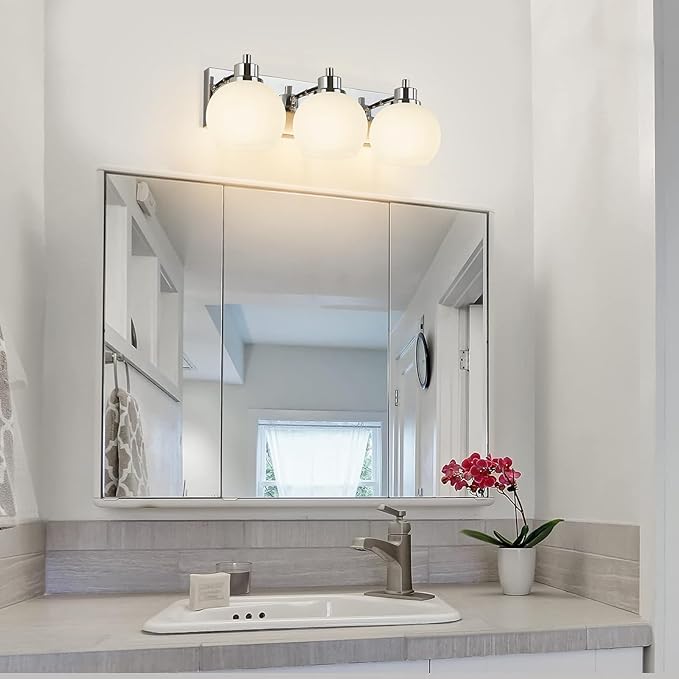 Tuscarora Chrome Vanity Light - 3 Light Bathroom Vanity Light with Milk Glass Shade, Over Mirror Lighting Fixture