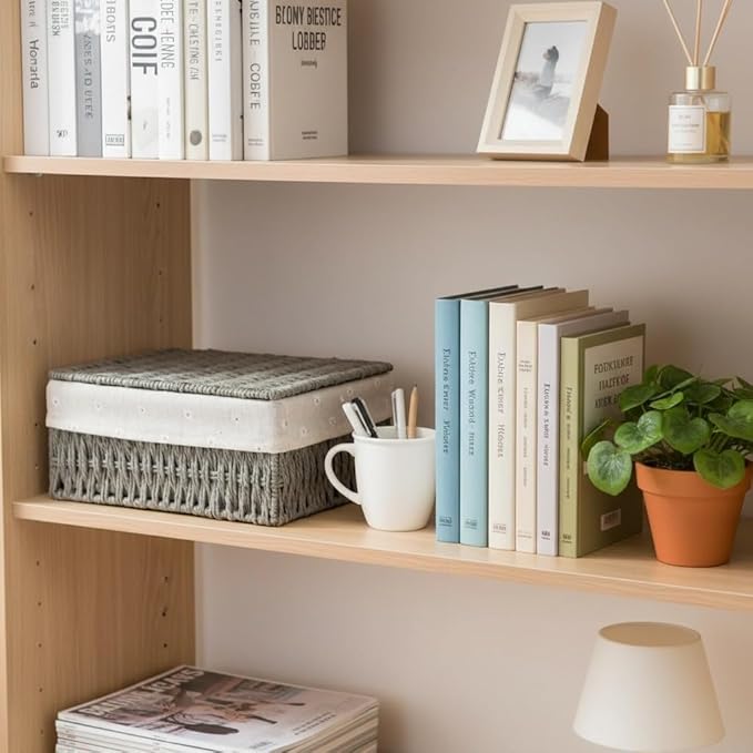 Wicker Shelf Basket with Lid Paper Storage Baskets for Shelves Small Storage Bin with Removable Liner Nesting Decorative Woven Basket for Makeup Closet Organizer (Small, Grey)