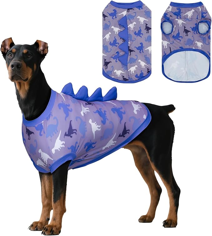 UPF 50+ Sun Protection Dog Shirt - Sleeveless Cooling Vest for Medium Dogs Boy, Quick-Dry Pet T-Shirt with Funny Dinosaur Horns, UV Protective Breathable Dog Clothes U-COSBX03M