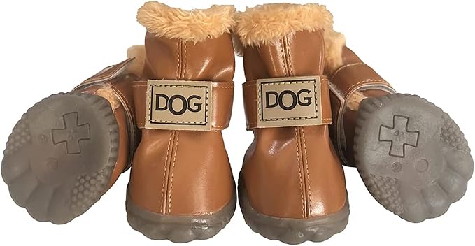 Winter Dog Boots & Paw Protectors: Outdoor Anti-Slip Dog Snow Shoes, Dog Booties Provide Warmth to Dogs Paws from Ice and Snow, Rubber Sole PU Leather Faux Fleece-Lined, Light Brown Dog Shoes Size 4