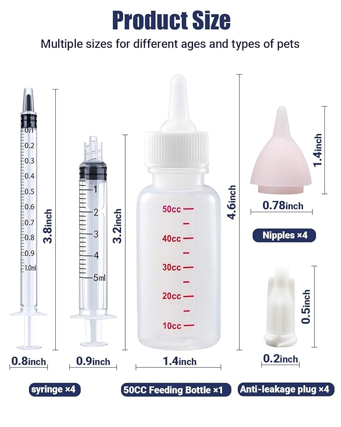 Pet Feeding Kit, Kitten Bottle Feeding Kit, Newborn Kitten Supplies, for Feeding Newborn Puppies, Kitten, Squirrel, Rabbit, Hamster, with 4 * Silicone Nipples,1 * Milk Bottles
