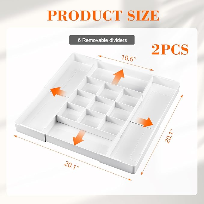 2 Pcs Large Expandable Acrylic Drawer Organizers, Grid Adjustable Drawer, Dividers Organizer for Desk, Makeup, Jewelry, Office, Kitchen Supplies (White,13 Compartments)