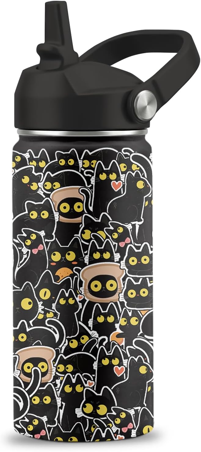Cat Gifts for Boys Girls, 16 oz Water Bottle with Straw Lid, Stainless Steel Insulated Tumbler, Cute Cats Water Bottle for Cats Lovers, Black Cat Cup Gifts for Birthday Christma (1pcs)