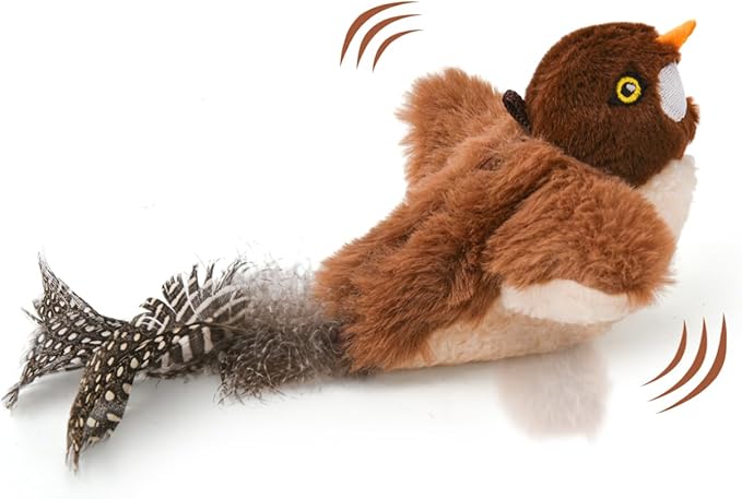 Small Flappy Bird Cat Toy, Interactive Flapping Chirping Wings (No Flying) Cat Toy, Simulated Sparrow Catnip Toy for Indoor Cats and Kittens, Sound on/Off Switchable, 5.51×4.72×1.97 Inches