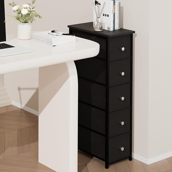 Narrow Storage Cabinet for Small Spaces Slim Bathroom Dresser with Drawers Tall Thin Storage Organizer for Bathroom Bedroom Skinny Cabinet(Black, 5 Drawers)