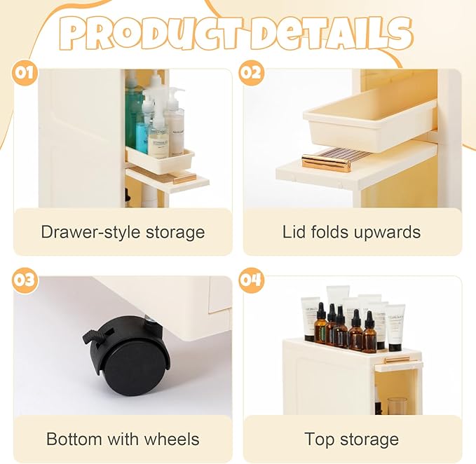 Weysat Narrow Bathroom Storage Cabinet with Wheels Slim Storage Organizer with Transparent Doors and Shelves for Small Space, Kitchen, Bathroom, Laundry Room(3 Tiers)