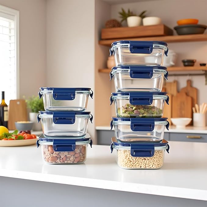 4PC Square Glass Containers With Lids (Dark Blue)