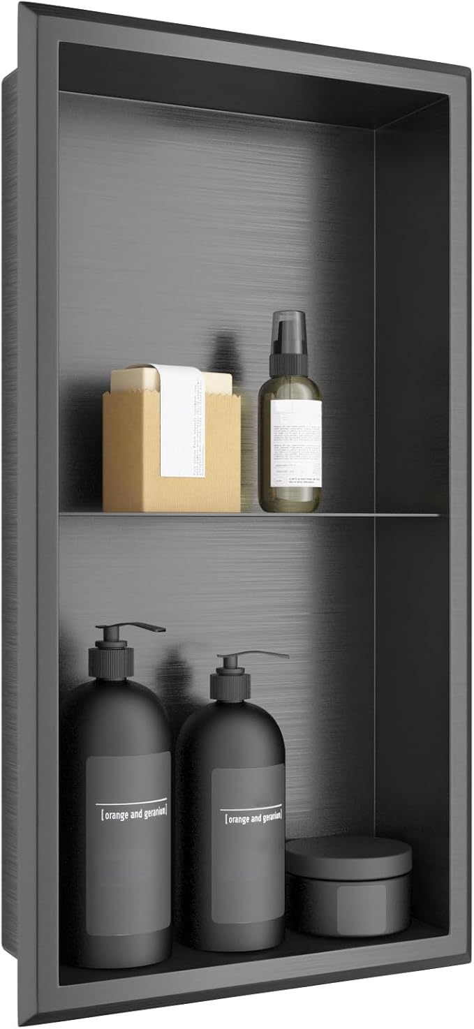 Shower Niche, 12" x 24" Black Stainless Steel Niches No Tile Needed, Two-Tier Wall Niches, Recessed Shower Shelf, Bathroom Niche for Storage
