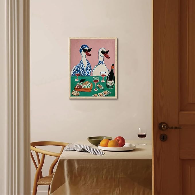 XJYISUO Framed Wall Art Duck Wall Decor Animal Canvas Art Wine Party Pictures Retro Paintings Funny Artwork For Kitchen Dining Room Bar