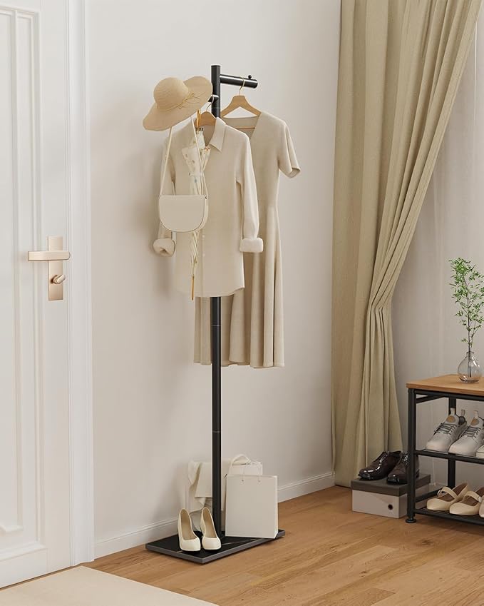 Free-standing Metal Coat Racks, Modern Garment Rack, Z-shaped Coat Tree with Natural Rock Base, for Bedroom, Office, Hallway, Entryway, Living Room, 175cm, Blackness
