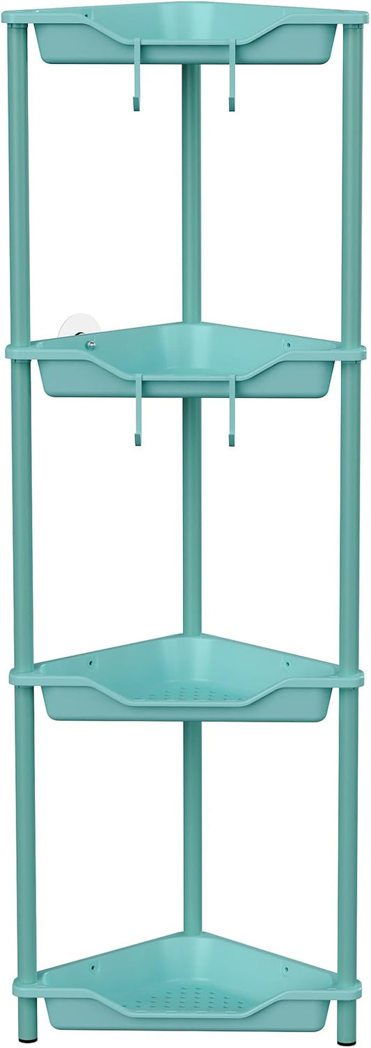 Orimade Rustproof 4 Tier Floor Standing Corner Shower Caddy Organizer, Plastic Metal Splicing Floor Corner Shelf Rack Stands for Bathroom, Blue