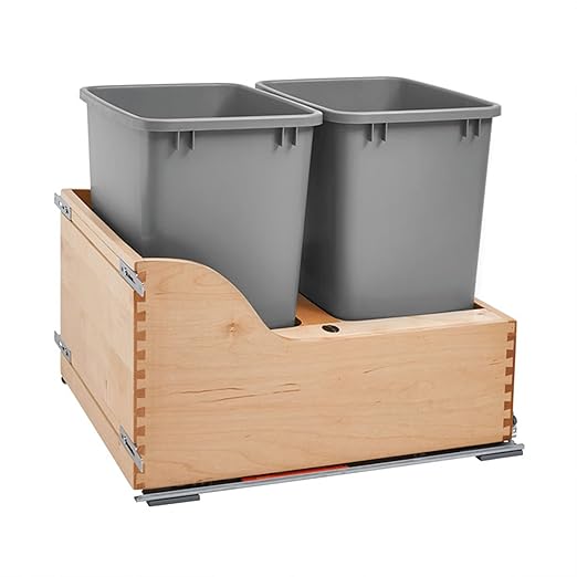 Rev-A-Shelf Wood Double Pullout Waste Container with Soft-Close, 35 Quart - Sliding Garbage Bin System with Dual Trash Can for 21" Home Kitchen Base Cabinet, 4WCSC-2135DM-2