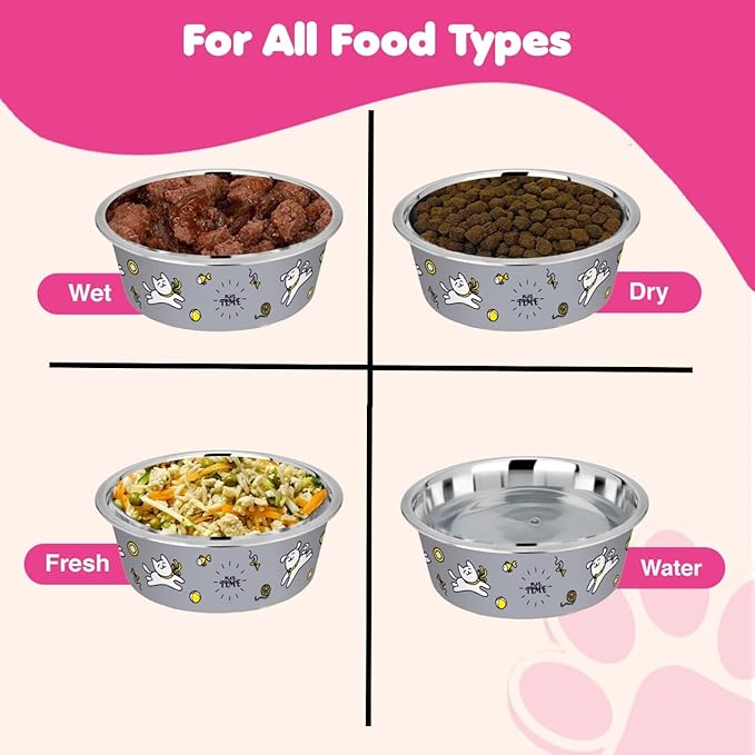 Stainless Steel Dog Bowls | Cat Bowls (Set of 1) - Anti Skid Dog Water Bowl | Cat Water Bowl - Dishwasher Safe - 25oz / 750ml – 15.4 cm (Rhino Gray Playtime Print)
