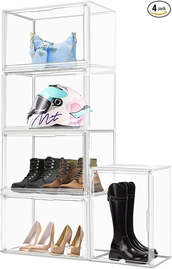 4 Pack XXX-Large Clear Purse Organizers for Closets 17.7"x13"x13" Acrylic Display Case Clear Shoes Storage Box Stackable Handbag Storage Organizers Helmet Display Cabinet Storage Bins with Lid