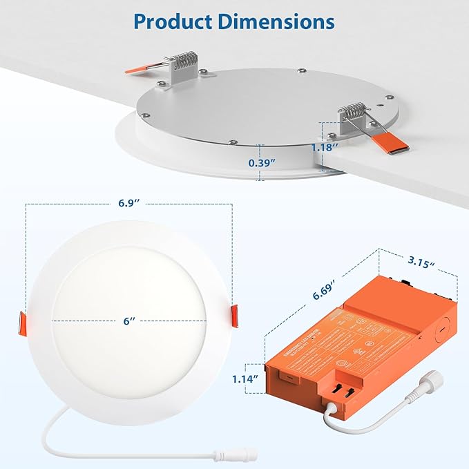 dephen 6 Inch LED Emergency Recessed Light with 90 Min Battery Backup, 5CCT 2700-5000K Ultra-Thin Round Downlight, 9W/12W/15W Tunable Commercial Ceiling Lighting