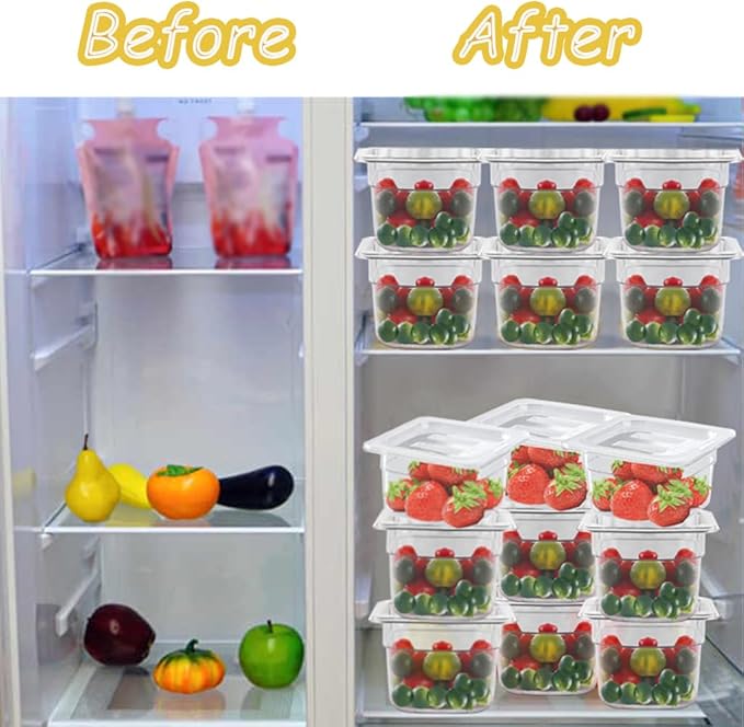 12PCS Clear Food Storage Container 1/6 Size 4 Inch Deep Plastic Food Pan with Lids Salad Bar Containers for Restaurant,Commercial,Hotel,Fruits,Vegetables,Beans