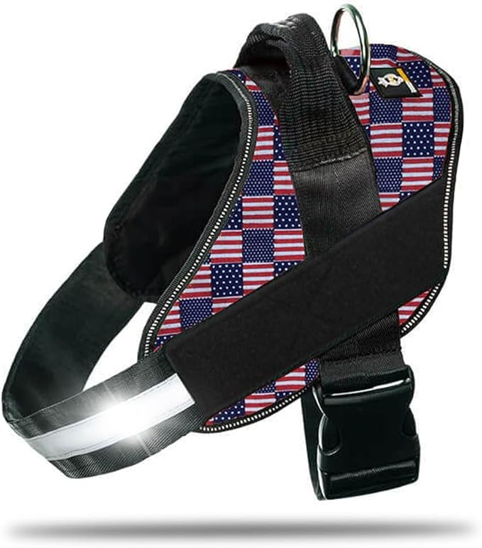 Non Pull Dog Harness with Patch Panels and Handle, Adjustable, Reflective, No Choke, Heavy Duty Easy On Service Dog Vest Harnesses for Medium Large Small Sized Dogs - US Flag, L