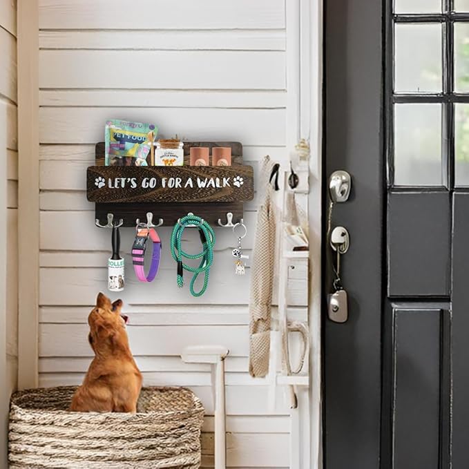 Wood Dog Leash Holder for Wall, Key Hangers with 4 Double Key Hooks, Dog Leash Hanger Wall Mounted for Entryway, Farmhouse Treats,30cm, Brown