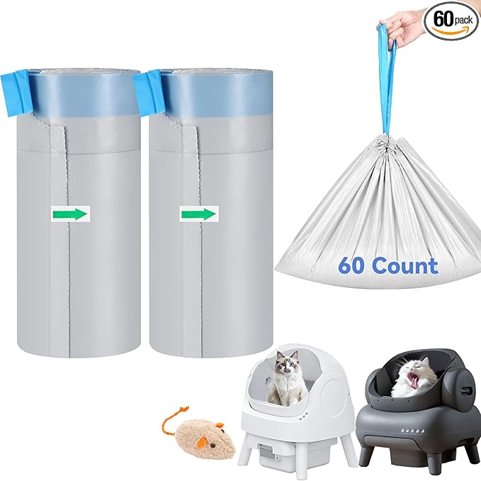 60 Count Automatic Cat Litter Box Liners Bags Compatible with NeakasaM1 Petpivot Autoscooper 11 and Similar Open-Top Self-Cleaning Cat Litter Box, Drawstring Handle Heavy Duty Leak-proof, 27 * 13in