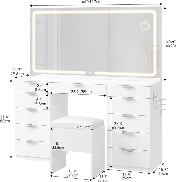 YITAHOME 46" Vanity Table with LED Lighted Mirror, Makeup Desk with 11 Drawers, Cushioned Storage Stool, Vanity Set with Power Outlet & Magnifying Mirror