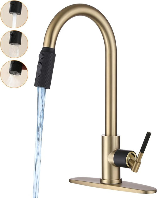 Gold Kitchen Faucet -High Arc Single Handle Stainless Steel Kitchen Sink Faucet with Pull Down Sprayer- 3 Spray Modes，1.5GPM High Flow Modren Sink Faucets for Rv Farmhouse Bar