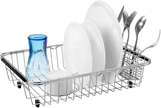 SANNO Expandable Pull Out Drawer Organizer and Storage, Cabinet Pots Pans Organizer Sliding Shelf Under Sink Shelf Dish Drying Rack with Stainless Steel Utensil Holder Large Dish Rack Drainer