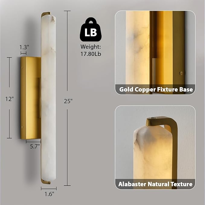 Alabaster Wall Sconces Set of Two, 25" Brass Alabaster Sconce, Spanish Natural Marble Bathroom Vanity Sconces, Rectangle Modern Sconces Lighting for Bedroom Living Room Staircases Hallway