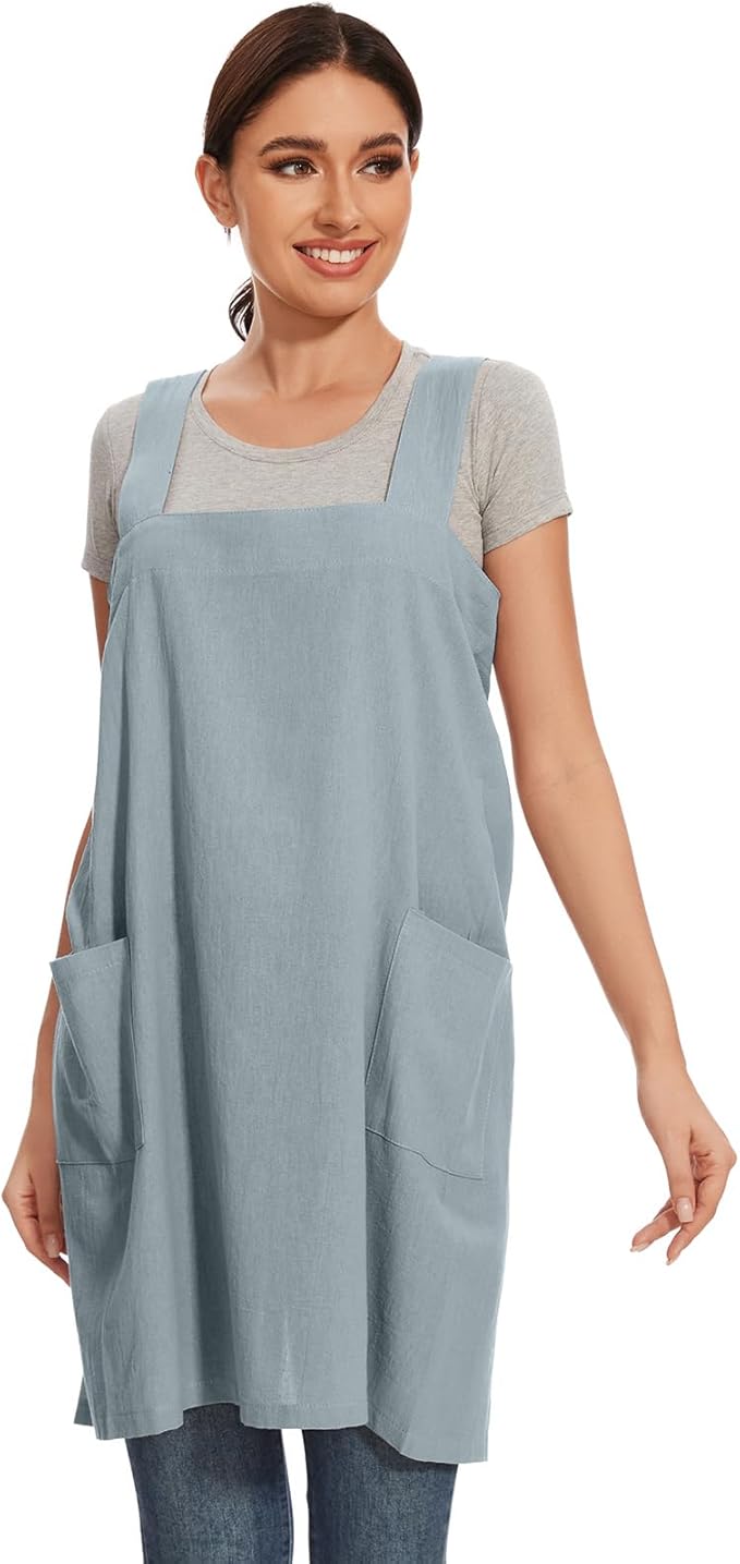 Women Apron with 2 Pockets Cotton Linen Kitchen Baking Cooking Chef Cross Back Pinafore Dress