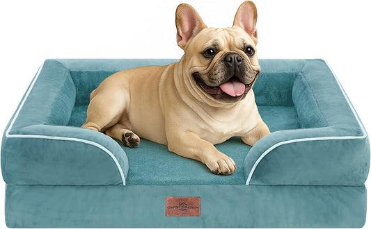 Comfort Expression Orthopedic Dog Bed for Medium Dogs 30x20 Inch, Waterproof Egg Crate Foam Medium Pet Bed with Removable Bolsters, Dog Couch with Washable Cover & Non-Slip Bottom, Washed Blue