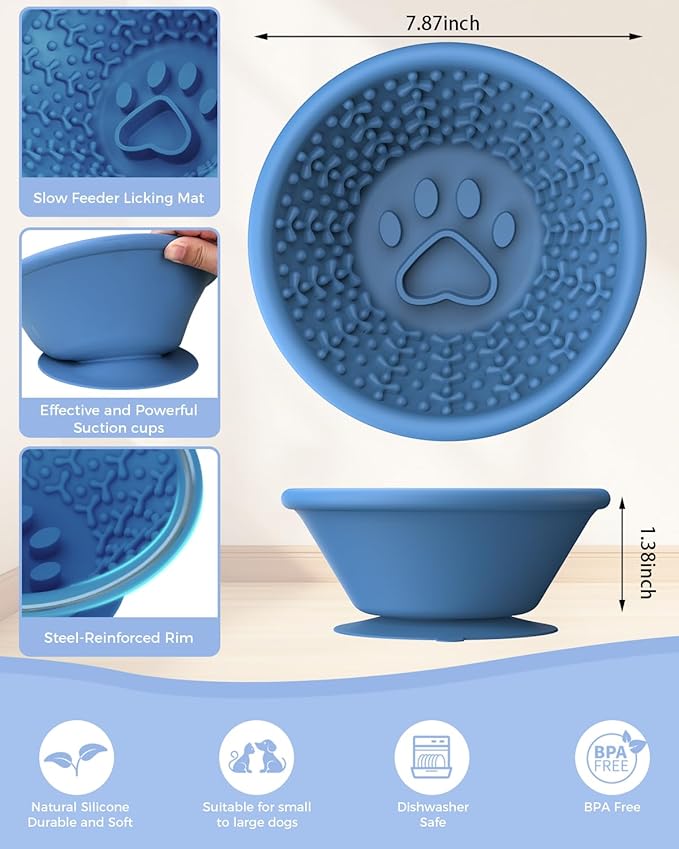 Dog Slow Feeder Lick Bowl to Prevent Fast Eating, Steel Reinforced Rim, Non-Slip Suction Base, BPA-Free Silicone, Dishwasher & Freezer Safe, Helps Extend Mealtime & Keep Dogs Calm(Blue)