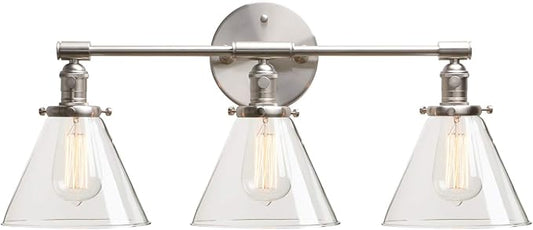 Permo Vintage Industrial Antique Three-Light Wall Sconces with Funnel Flared Clear Glass Shade (Brushed)