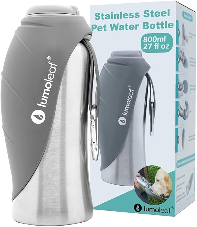Stainless Steel Dog Travel Water Bottle — 27oz, Portable Bowl, Walking & Hiking (Grey)