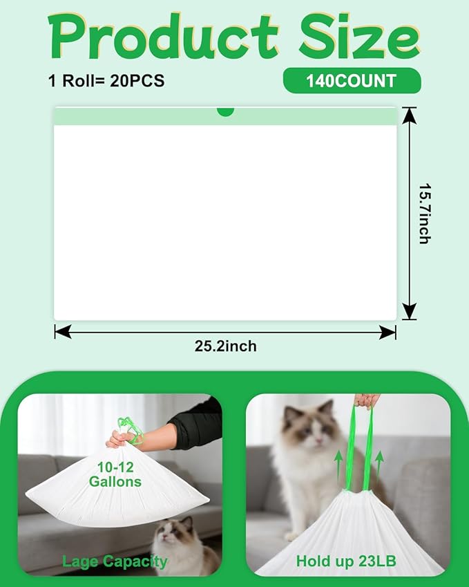 140 Count Cat Litter Box Liners Compatible with Litter Box Robot 4/5/3, Thick 10-12 Gal Waste Drawer Liners Bags with Strong Ties, Pre-separated for Easy Use,25.2"x15.7"