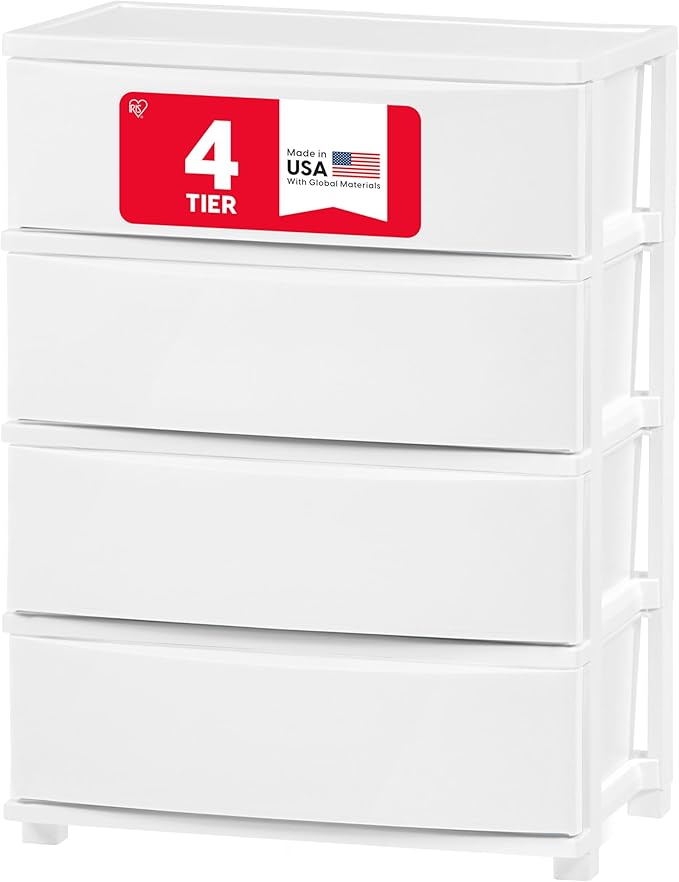 IRIS USA Plastic Drawer Storage Organizer, 4-Drawers, for Classroom Art Supplies Bathroom Dorm Bedroom Laundry Room, Wide, White Frame with Matte White Front Panels