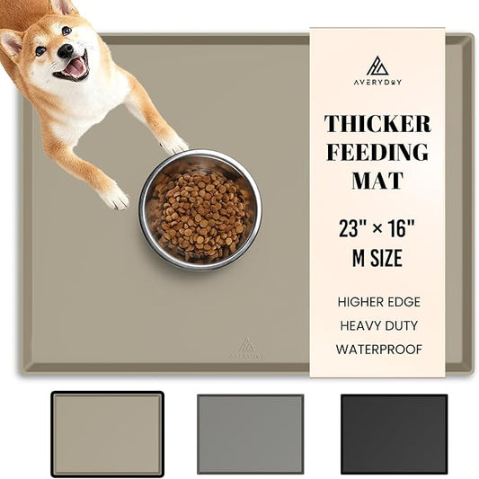 AVERYDAY 100% Waterproof Thicker Silicone Dog Food Mat, 0.63'' Raised Edge Bowl Mat for Food & Water, Non Slip Pet Feeding Placemat for Messy Drinkers, Perfect for Large Medium Small Breeds, 23"x16"