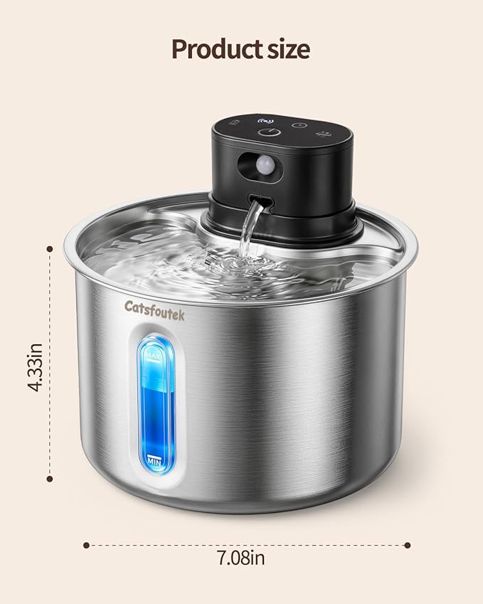 Wireless Cat Water Fountain Cordless Cat Drinking Fountain Stainless Steel, 74oz/2.2L Battery Operated Pet Water Fountain for Cats Indoor with 11 Filters